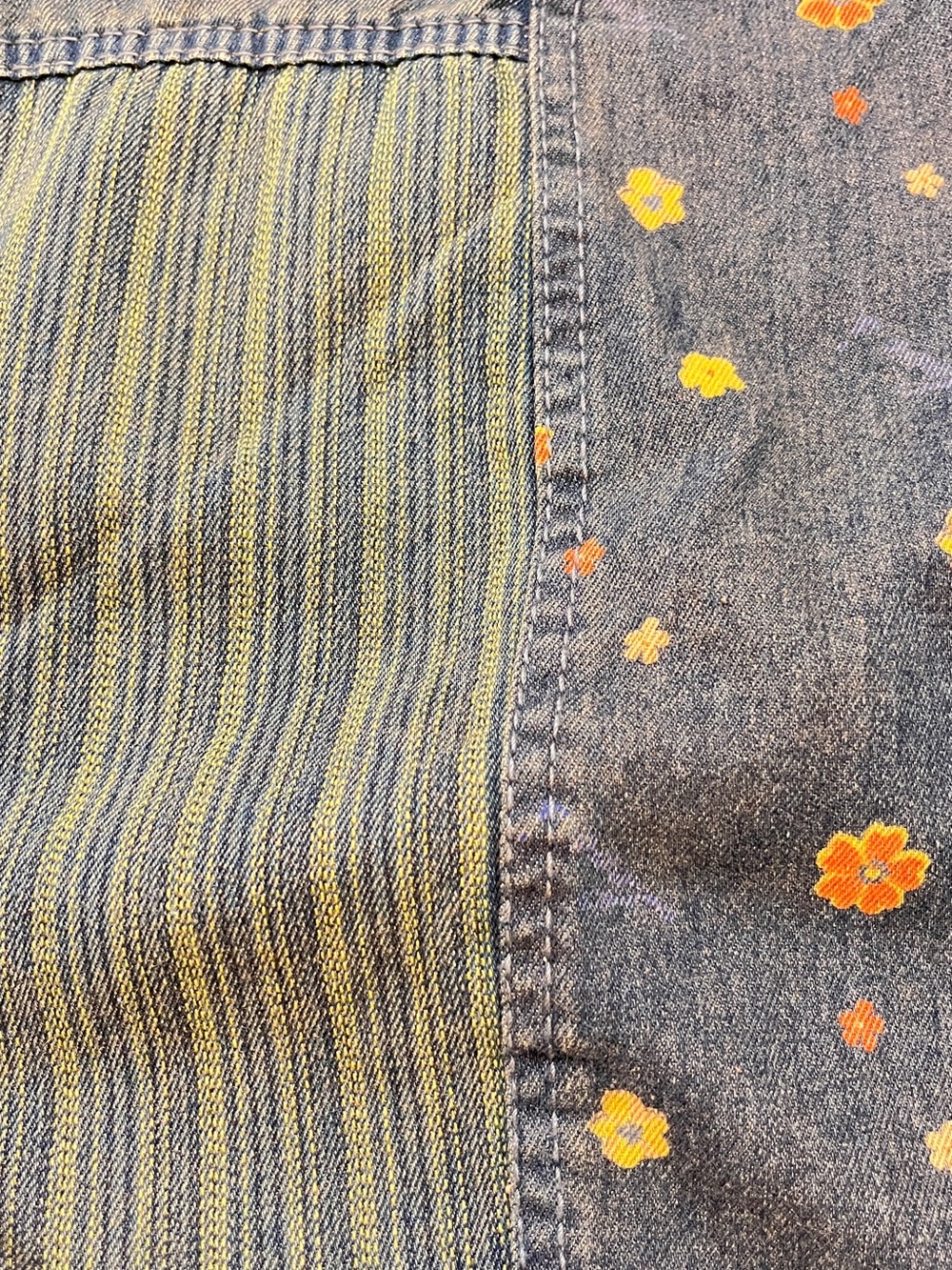 Patchwork Indigo Denim capri Barrel wide leg pants with Floral Accents - Picture 6 of 6